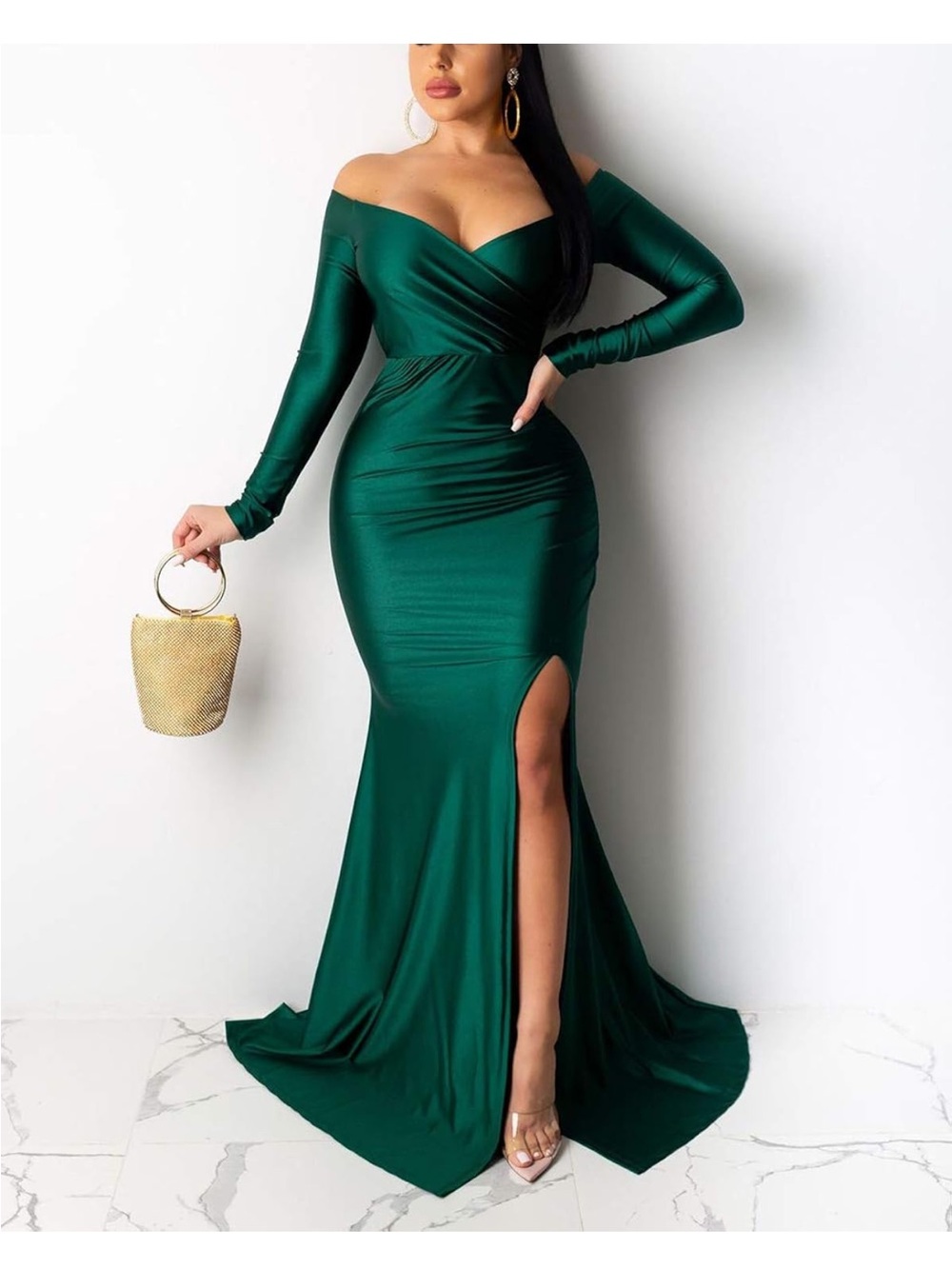 Off-Shoulder Emerald Green Long Sleeve Maxi Dress with Side Slit